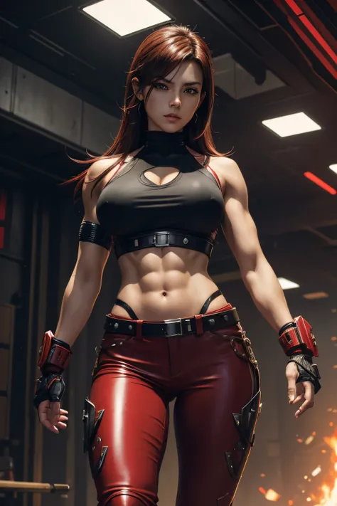 8K,Araphed woman wearing red and black chest armor in a fighting pose,Super beauty(Like the real thing) brown mohawk hair,Muscular and muscular slender body type,Split abdominal muscles,Muscular armor,very large breast,Tifa Lockhart, black and red leather ...