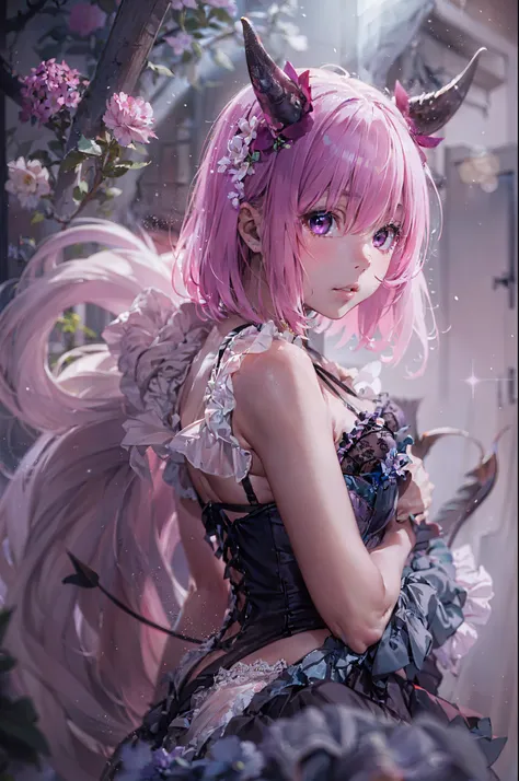 "((Momo Deviluke))14 years old, in realistic style, Mint Colored Lingerie with Garters and Corset, cinematic atmosphere, soft focus, ethereal glow, carefully posed, high resolution, mesmerizing details"demon tail,momo deviluke, demon tail, hair flower, hai...