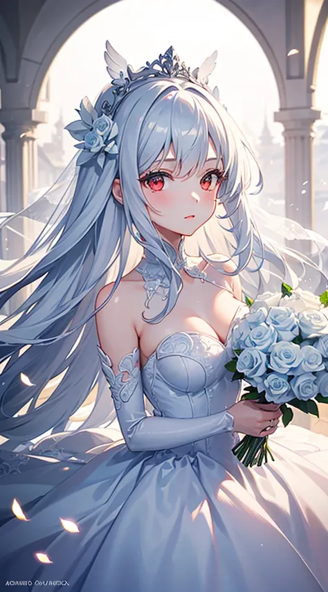 1 girl, long white hair, red eyes, wedding dress, holding white roses, white dove, beautiful, detailed face, glowing effect, very detailed, 8k wallpaper