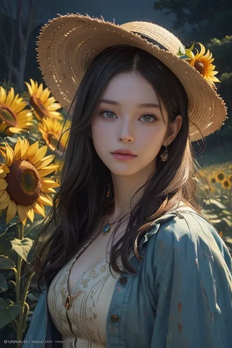 (Oil painting,  heavy brush strokes, paint splashes), Meticulous details, intricate details, (middle shot portrait:1.6), 1girl with sunflowers in her hair and a straw hat, 2brains, cornfield, star, surreal dreamscape, sunflowers, night, artwork in the styl...