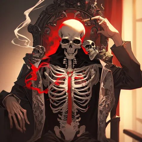 a full body shot of a skeleton woman, skull head wearing a black suit, posing like a model, smoking a cigar and drinking whiskey...