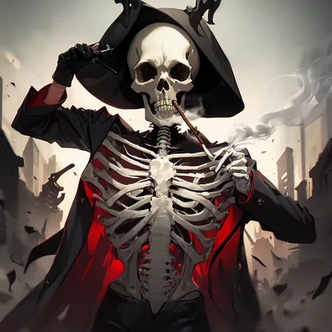 A full body shot of a Skeleton woman, skull head wearing a black suit, posing like a model, smoking a cigar and drinking whiskey , skull face,cinematic,8k,by Stanley Artgermm,Tom Bagshaw,Greg Rutkowski,Carne Griffiths, Ayami Kojima, Beksinski, Giger,trendi...