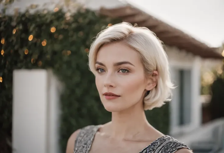 Young blonde woman with short hair, palm springs, 比基尼, California, mid century, bold black and white style, zeiss flat t * 80mm f/2.8, Stylish, fujifilm neo edition, s whole body, bold pattern, celebrity photos