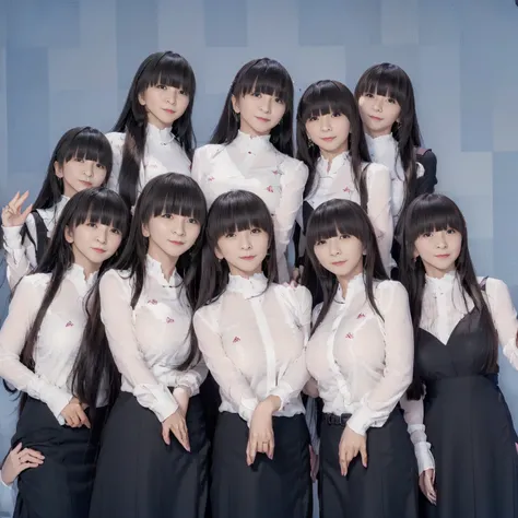 a picture、(((multiple girls))),((((6+girls))))、((10 girls))、The same face、matching school uniform、12 years old、Long black hair、10 cute girls、((((Gigantic Breasts))))、a smile、selfee、‎Classroom、Raw photo、same person、Doppelganger、(group portraits)、a junior hi...