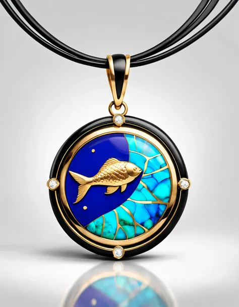 pendant design,Logo design，European and American minimalist style， (Pisces pendant design), （double opal：1.0）, Black gold border, lapis lazuli，turquesa，black shell，（Pisces symbol）,(Golden Pisces），Van Cleef &amp; Arpels Cartier, Background with: The white,T...