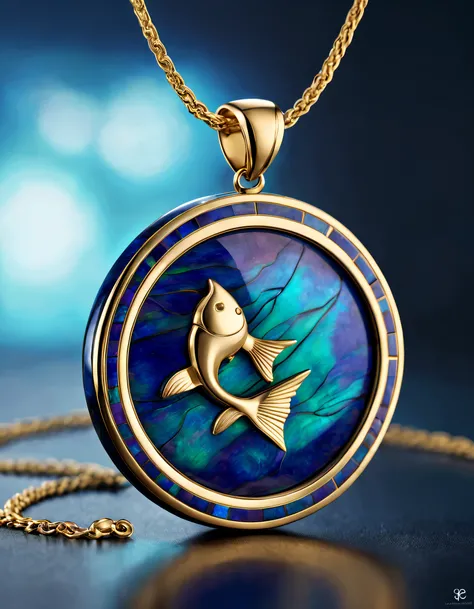 pendant design,Logo design，European and American minimalist style， (Pisces pendant design), （double opal：1.0）, Black gold border, lapis lazuli，turquesa，black shell，（Pisces symbol）,(Golden Pisces），Van Cleef &amp; Arpels Cartier, Background with: The white,T...