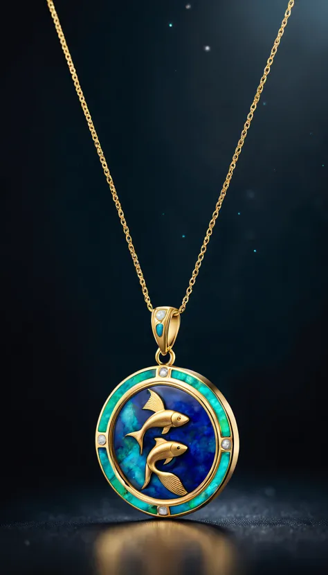 pendant design,Logo design，European and American minimalist style， (Pisces pendant design), （double opal：1.37）, Black gold border, lapis lazuli，turquesa，black shell，（Pisces symbol）, (Golden Pisces pattern：1.0），Van Cleef &amp; Arpels Cartier, Background wit...