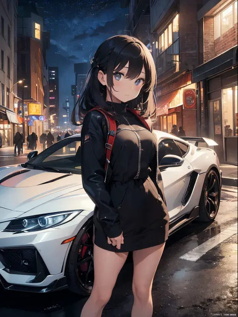 (best quality:1.3), (masterpiece:1.1), (illustration:1.2), (ultra-detailed:1.2), beautiful detailed girl, (beautiful detailed car), (1girl), city light, night, parking lot, posing with a sport car, Lamborgini