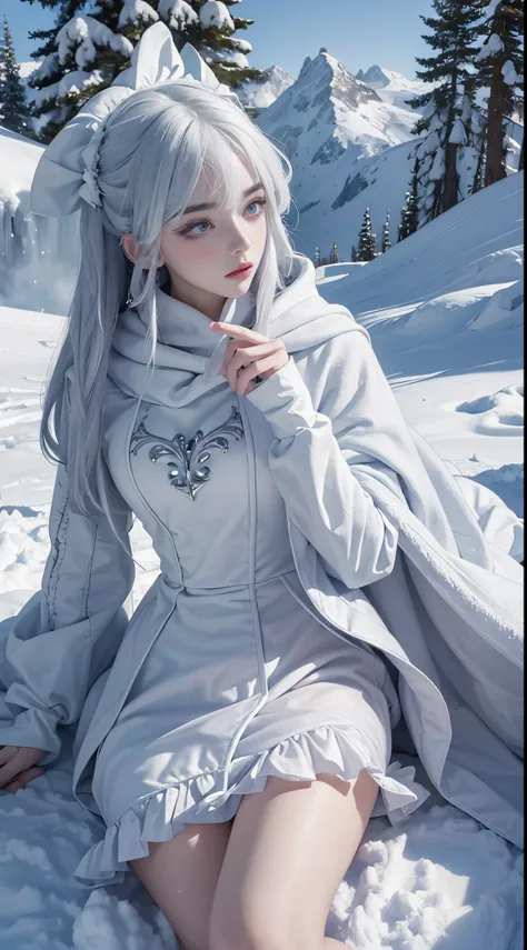 (8K)，realistically, A high resolution, 1 Women, Alone, butt lift,(Lolita costume)， pretty eyes, White hair, eye socket, (sitted，Cloak，blanketed in a mantle of snow)，Ski slopes，