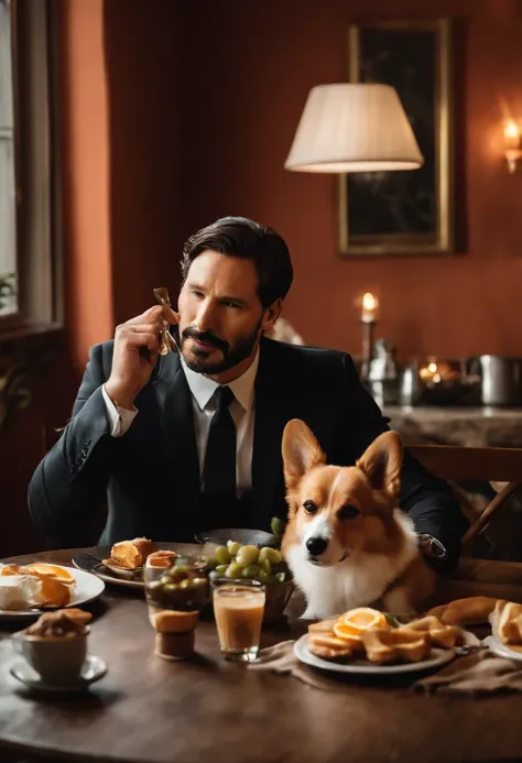 A photo of a hit man enjoying a relaxing Sunday morning brunch with an adorable Corgi puppy sitting at the table.,original,John Wick