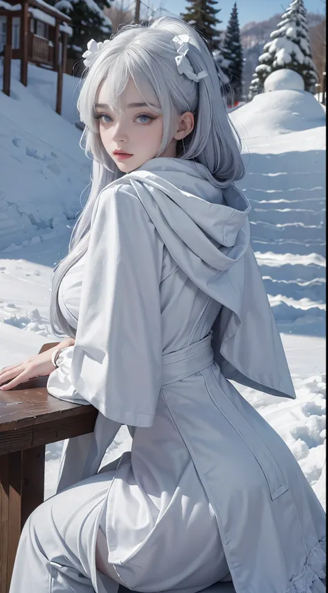 (8K)，realistically, A high resolution, 1 Women, Alone, butt lift,(Lolita costume)， pretty eyes, White hair, eye socket, (sitted，Cloak，blanketed in a mantle of snow)，Ski slopes，