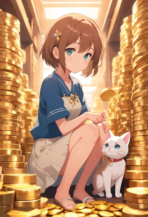 Anime girl wearing cute little skirt holding cat，sitting on a pile of gold coins，in the vault，loli in dress, small curvaceous loli, Guweiz style artwork, guweiz on pixiv artstation, guweiz on artstation pixiv, guweiz, small loli girl, Soft anime illustrati...