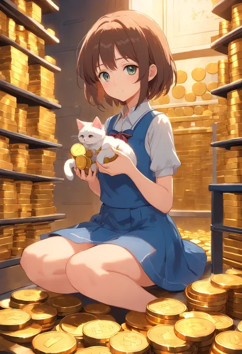 Anime girl wearing cute little skirt holding cat，sitting on a pile of gold coins，in the vault，loli in dress, small curvaceous loli, Guweiz style artwork, guweiz on pixiv artstation, guweiz on artstation pixiv, guweiz, small loli girl, Soft anime illustrati...