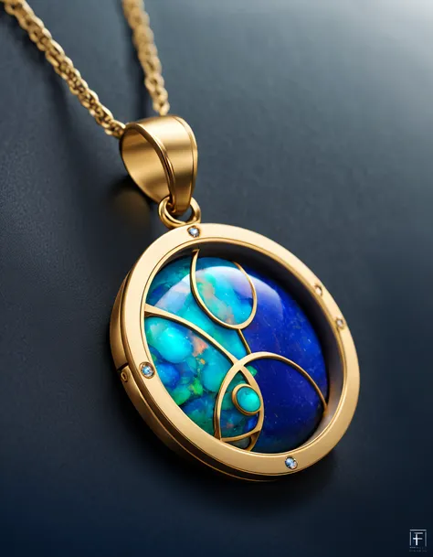 pendant design,Logo design，European and American minimalist style，sense of science and technology， (Pisces pendant design), （double opal：1.0）, Black gold border, lapis lazuli，turquesa，black shell，Pisces symbol,(Golden Pisces，Van Cleef & Arpels & alpes , ca...