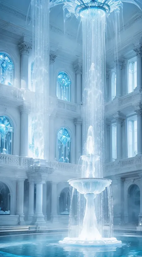 Light blue-white tones，Gorgeous interior space，Blend in with the beautiful white building，All white interior fantasy scene，((Super spectacular fountain))，(Super rich fountain)，Fountains at different levels，Transformation crystal，Ice crystals，Super quality，...