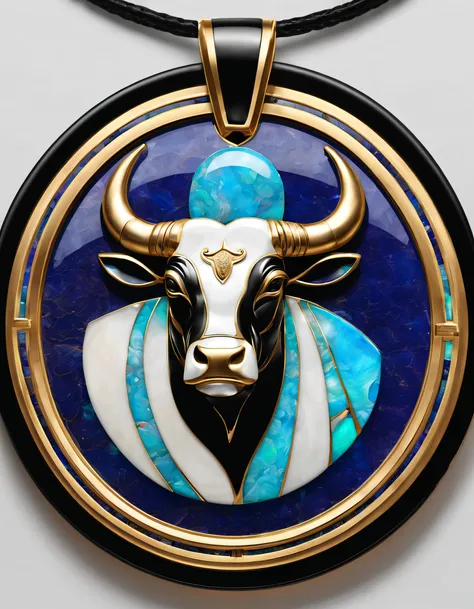 Item design, pendant design, Logo design， (Taurus pendant design), （a double opal），Taurus symbol, Taurus motif, Black gold border, Platinum，lapis lazuli，turquesa，black shell，, cartier, Background with: The white,The content is very detailed, Best quality a...