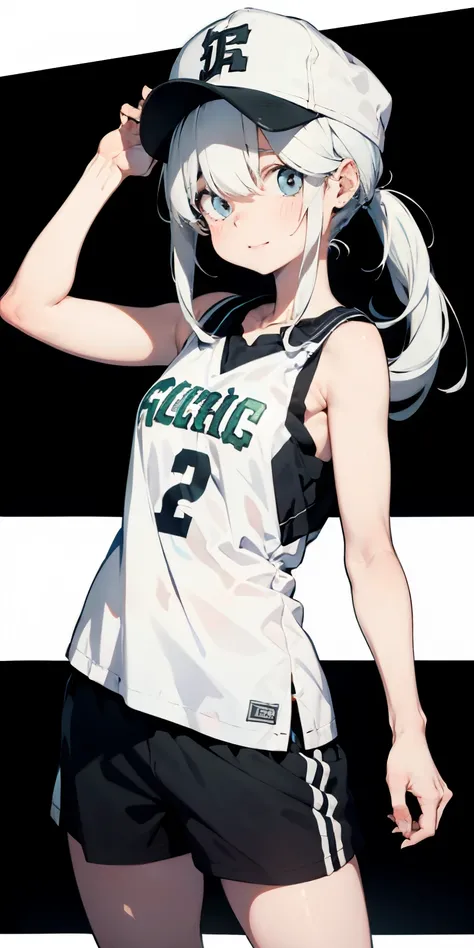 Random basketball player white skin girl, cool shooting on hoop shot, happy, cute shy girl, white long hair, sexy, slim, poser, tomboy, cool basketball court background, black binnie , cap