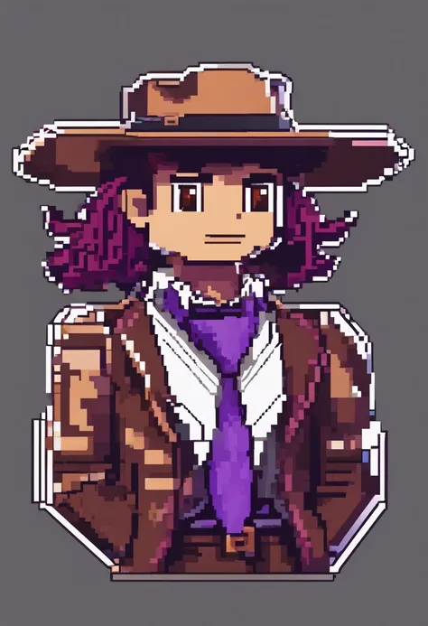 Chico, brown-hair, con sombrero morado, cuernos morados, ojos morados, piel blanca, chaqueta morada, camisa y corbata