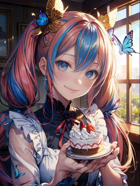 Have a cake、(masutepiece:1.3), (8K, Photorealistic, Raw photo, Best Quality: 1.4), Beautiful face, (Realistic face), Beautiful detailed eyes, (Realistic skin), Attractive, Intricate details,Golden ratio,  1 girl,Naughty smile, (rainbow hair:1.4),((Long twi...