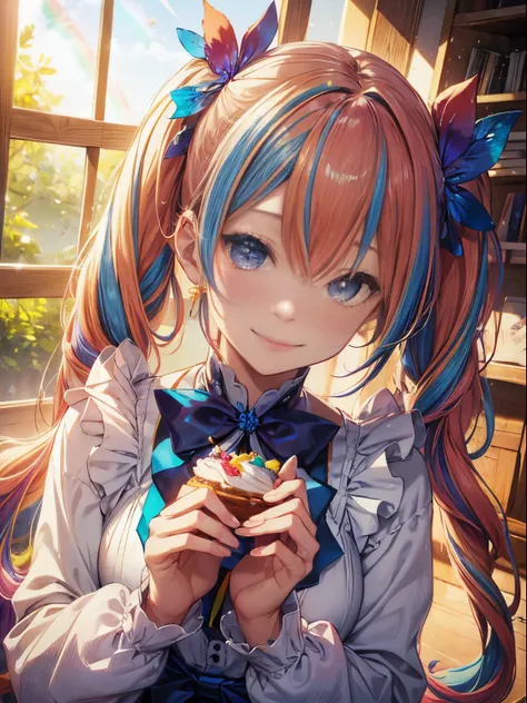 Have a cake、(masutepiece:1.3), (8K, Photorealistic, Raw photo, Best Quality: 1.4), Beautiful face, (Realistic face), Beautiful detailed eyes, (Realistic skin), Attractive, Intricate details,Golden ratio,  1 girl,Naughty smile, (rainbow hair:1.4),((Long twi...