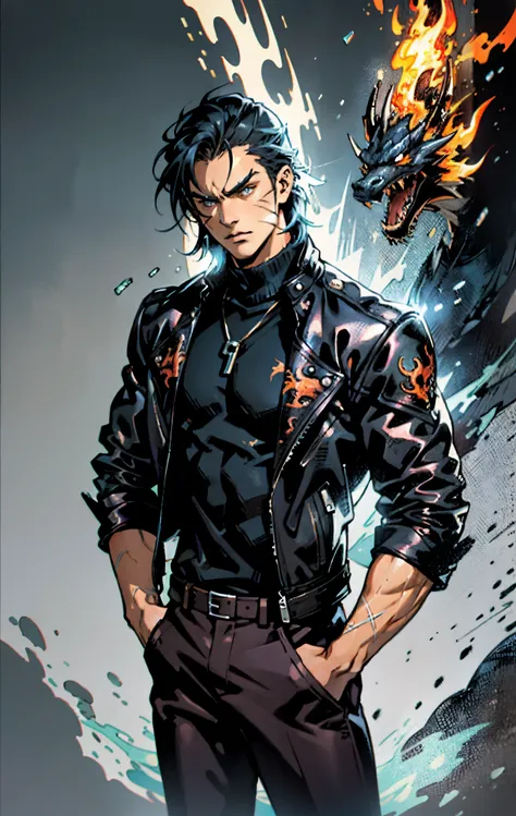 A young man, dark blue short hair, long bangs covering half of his face, sharp eyes, a long scar on his face, an expression of discontent, a fantasy-realistic style leather jacket over a dark undershirt, trousers that matching the outfit, black fire swirli...