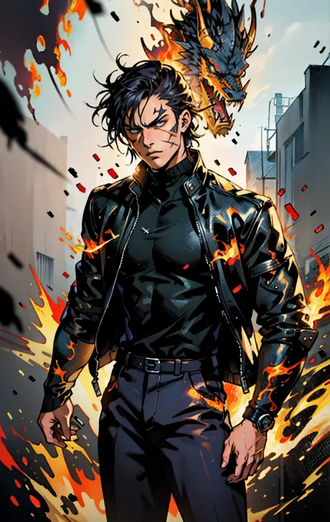 A young man, dark blue short hair, long bangs covering half of his face, sharp eyes, a long scar on his face, an expression of discontent, a fantasy-realistic style leather jacket over a dark undershirt, trousers that matching the outfit, black fire swirli...