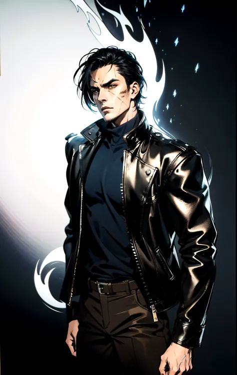 A young man, dark blue short hair, long bangs covering half of his face, sharp eyes, a long scar on his face, an expression of discontent, a fantasy-realistic style leather jacket over a dark undershirt, trousers that matching the outfit, black fire swirli...