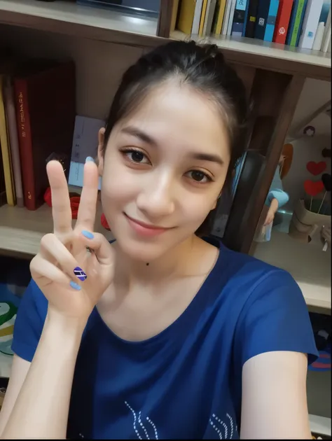 woman with a peace sign and a blue shirt, selfie photo, with cute - fine - face, with index finger, 8k selfie photograph, very very low quality picture, selfie of a young woman, giving the middle finger, with kind face, very clear picture, profile pic, mid...