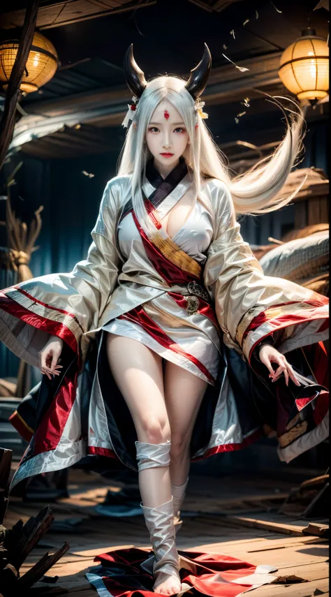 a girl with horns and a white robe showing breasts walking in the water, cleavage, kaguya otsusuki, white haired god, white skin color, white colored skin, white colored body skin, onmyoji, onmyoji detail art, onmyoji portrait, anime epic artwork, works an...