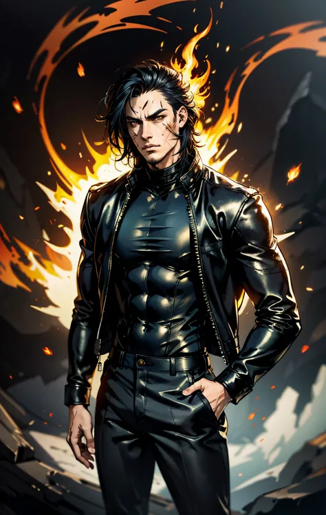 A young man, dark blue short hair, long bangs covering half of his face, sharp eyes, a long scar on his face, an expression of discontent, a fantasy-realistic style leather jacket over a dark undershirt, trousers that matching the outfit, black fire swirli...