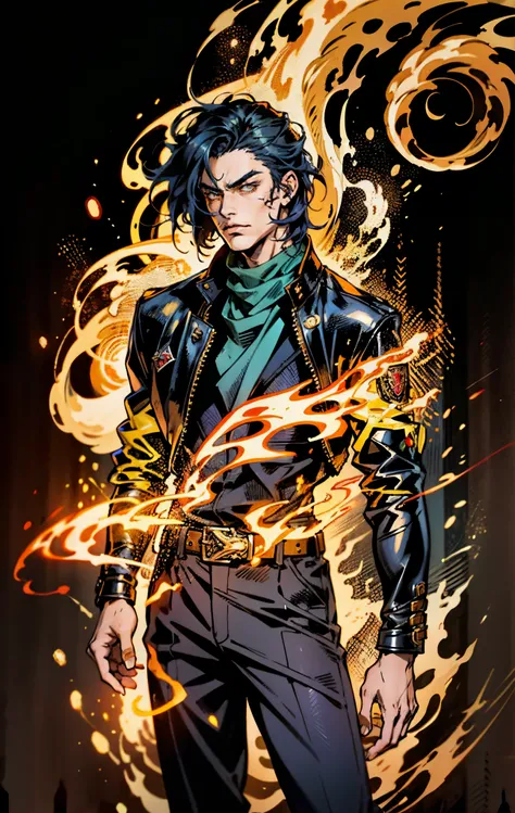 A young man, dark blue short hair, long bangs covering half of his face, sharp eyes, a long scar on his face, an expression of discontent, a fantasy-realistic style leather jacket over a dark undershirt, trousers that matching the outfit, black fire swirli...