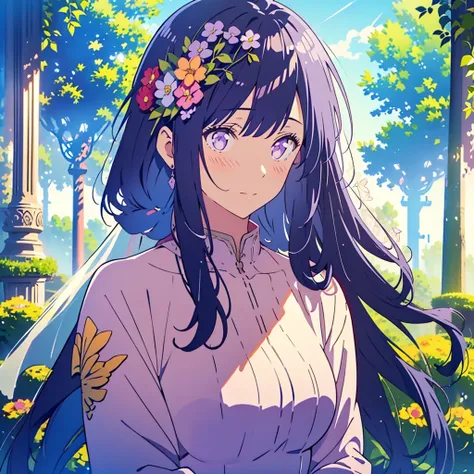 TMND-Mix_II, bride, flower veil, textured veil, dreamy, long hair, dark blue hair, purple eyes, half braid hair, detailed wedding dress, detailed scenery, flowers and tress, wind, butterflies🦋, happy atmosphere, from afar