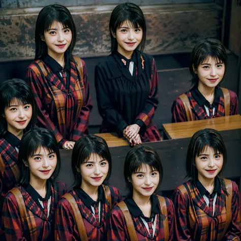 a picture、(((multiple girls))),((((6+girls))))、((10 girls))、The same face、matching school uniform、12 years old、Long black hair、10 cute girls、((((Gigantic Breasts))))、a smile、selfee、‎Classroom、Raw photo、same person、Doppelganger、(group portraits)、a junior hi...