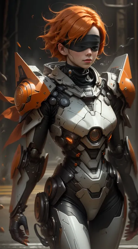 cowboy shot, masterpiece, best quality, high resolution, short orange hair, blindfold, orange cyborg, battle suit, exquisite face, hyper realistic, sfw