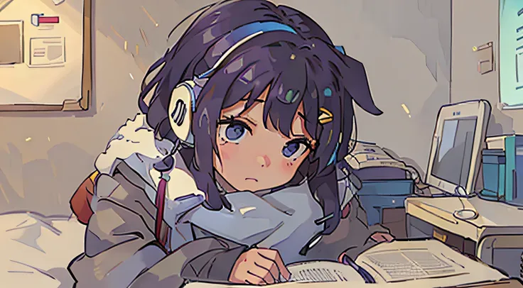 college student studying in the room、head phone