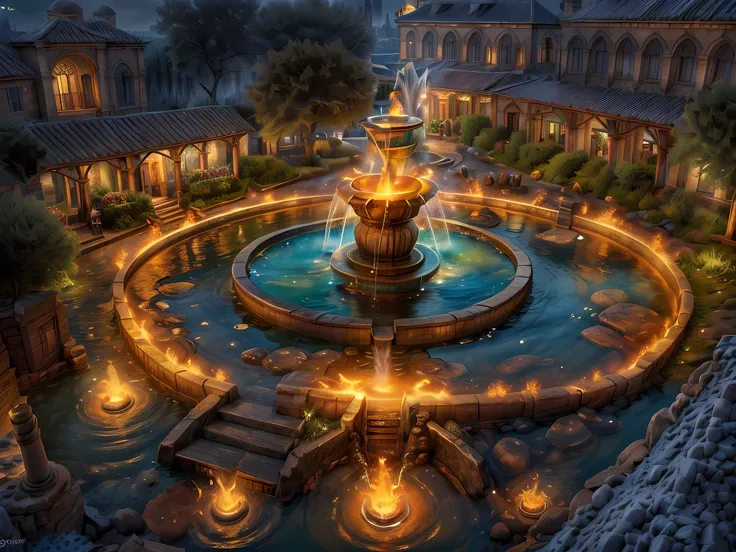 Fantasy art, RPG art, RAW, a picture of an epic sized magical (water fountain: 1.3) in an elven city town square, it has magical runes gl0w1ngR in the basin of the fountain, many rivulets of water entwined in (glowing fire: 1.2), gl0w1ngR , the fire, red f...