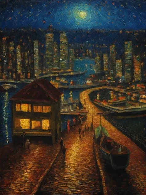 Van Gogh‘s painting style, Hong Kong Victoria Harbor night view, Star night, Color Field painting, Impressionism, chiaroscuro, vanishing point, wide shot, Ultra-Wide Angle, 8k, super detail, ccurate, best quality, masterpiece, best quality