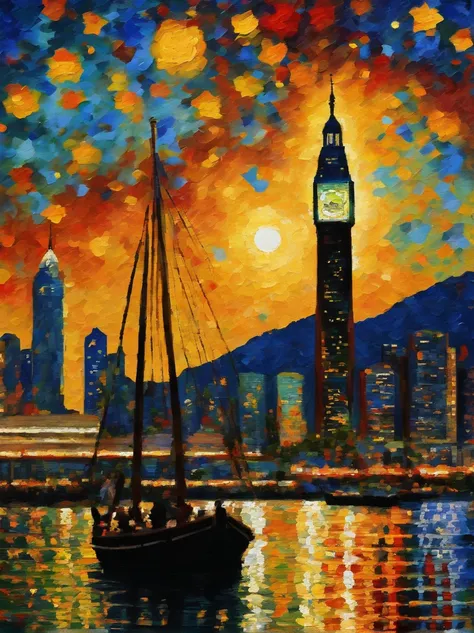 Van Gogh‘s painting style, Hong Kong Victoria Harbor night view, Star night, Color Field painting, Impressionism, chiaroscuro, vanishing point, wide shot, Ultra-Wide Angle, 8k, super detail, ccurate, best quality, masterpiece, best quality