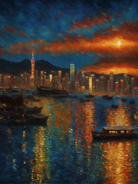 Van Gogh‘s painting style, Hong Kong Victoria Harbor night view, Star night, Color Field painting, Impressionism, chiaroscuro, vanishing point, wide shot, Ultra-Wide Angle, 8k, super detail, ccurate, best quality, masterpiece, best quality