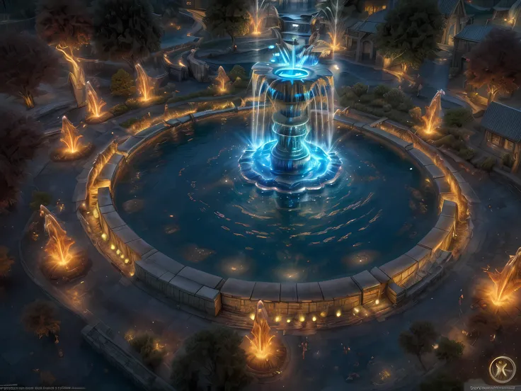 Fantasy art, RPG art, RAW, a picture of an epic sized magical (water fountain: 1.3) in an elven city town square, it has magical runes gl0w1ngR in the basin of the fountain, many rivulets of water entwined in (glowing fire: 1.2), gl0w1ngR , the fire, red f...