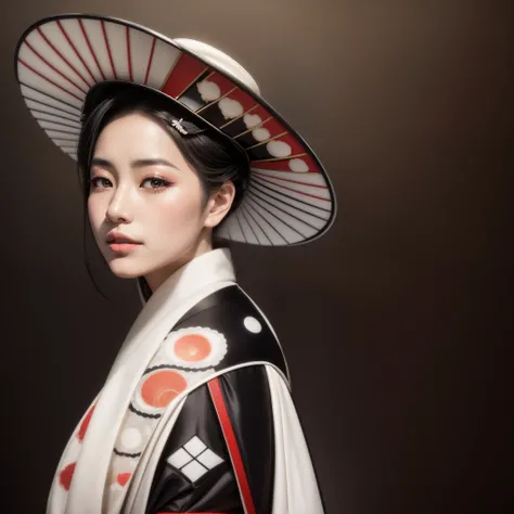 a beautiful Japanese woman, full lips, black hair, silky skin, beautiful eyes, wearing a stylized white kimono with a black lapel, and wearing a beautiful hat, beautiful woman, Hyperrealistic portrait of a geisha in a hat, beautiful photorealistic Japanese...