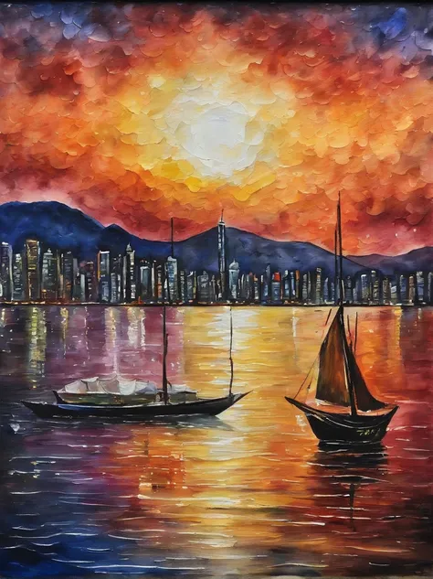 Van Gogh‘s painting style, Hong Kong Victoria Harbor night view, Star night, Color Field painting, Impressionism, chiaroscuro, vanishing point, wide shot, Ultra-Wide Angle, 8k, super detail, ccurate, best quality, masterpiece, best quality