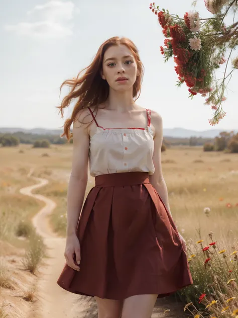 woman wearing a red cotton dress, flowing fabric, sash around waist, waist cinched tight, full length dress, pale skin, freckles, ginger, standing in flowers, 4k, 8k, masterpiece, extremely detailed face and eyes, natural skin, extremely detailed skin, pou...