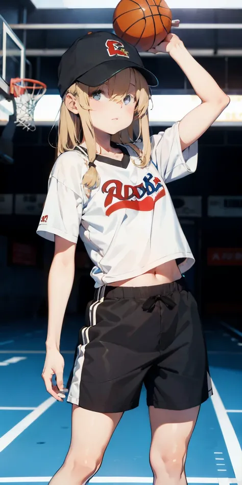 Random basketball player white skin girl, cool shooting on hoop shot, happy, cute shy girl, blond long hair, sexy, slim, poser, tomboy, cool basketball court background, black binnie , cap