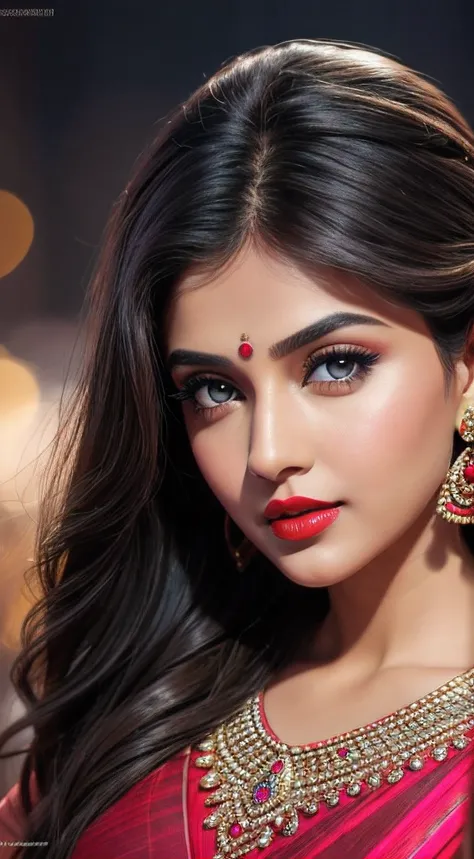 night bokeh effect background, perfect pink eyes, fantastic face, Indian, beautiful look, ((red lips, bright eyes, curve heir 1.5)), ((beautiful details body)), A glorious gorgeous bollywood actress, glorious gorgeous face, pretty face, bright eyes, detail...