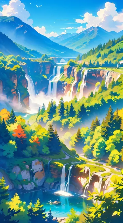 TMND-Mix_II, river, mermaid siluet, mountain, dreamy, detailed scenery, flowers and tress, wind, butterflies🦋, happy atmosphere, from afar, colourful flowers, clouds, lively, waterfalls