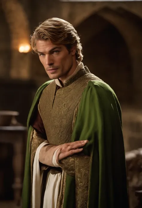 A photo of Jaime slyly stealing a glance at his sister Cersei, his eyes filled with adoration and longing.,Game of Thrones TV series,Jaime is handsome, blonde, with green eyes, and a golden hand, famously portrayed by Nikolaj Coster-Waldeau