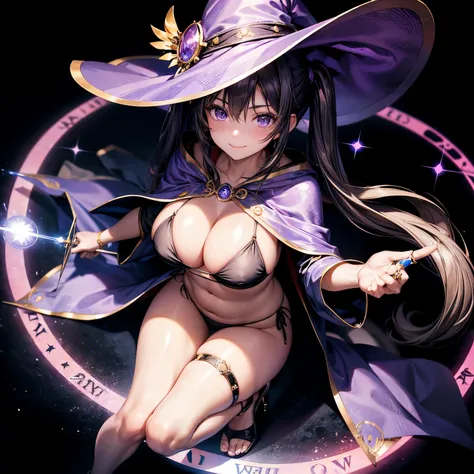 (8k, Best Quality, ultra-detailliert, Professional lighting), 16yo 1girl, (Beautiful girl: 1.3), tareme, droopy eyes, large breasts, plump, black bikini, witch hat, cloak, ring with gems, high-heels, knee sox, purple long hair, twintails, volumey straight ...