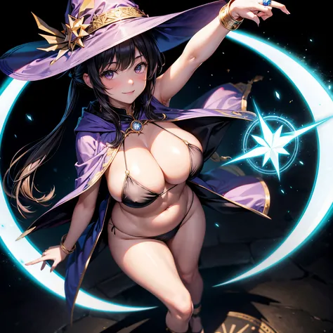 (8k, Best Quality, ultra-detailliert, Professional lighting), 16yo 1girl, (Beautiful girl: 1.3), tareme, droopy eyes, large breasts, plump, black bikini, witch hat, cloak, ring with gems, high-heels, knee sox, purple long hair, twintails, volumey straight ...