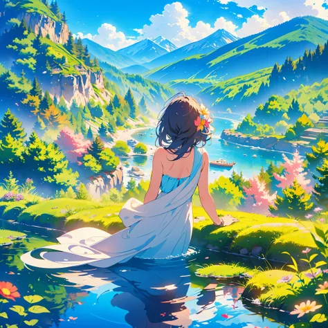 TMND-Mix_II, river, mermaid siluet, mountain, dreamy, detailed scenery, flowers and tress, wind, butterflies🦋, happy atmosphere, from afar, colourful flowers, clouds, lively